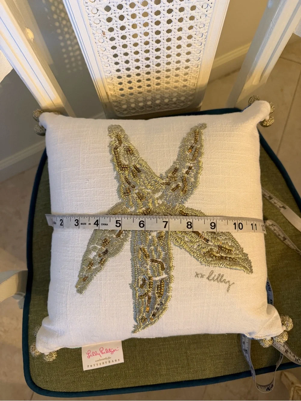 Lilly Pulitzer Seeing Stars Embroidered Gold Starfish Pillow reversible